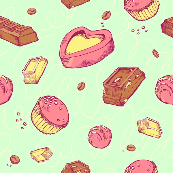 Modèle vectoriel sans couture de croquis colorés chocolats. Rouleaux sucrés, barres, glacé, comfit, fèves de cacao . — Image vectorielle