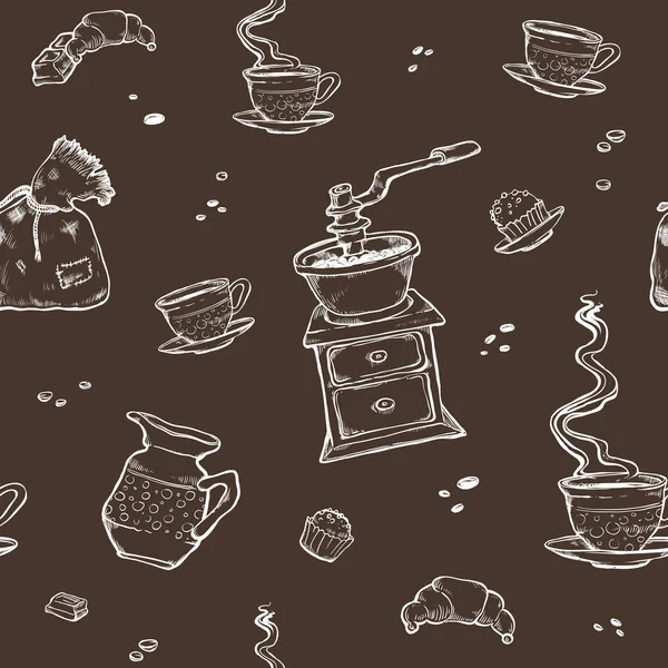 Caffè e dessert vettore modello senza soluzione di continuità. Elementi alimentari isolati su sfondo scuro. Macinino, tazza, muffin, cioccolato in stile incisione vintage . Illustrazione Stock