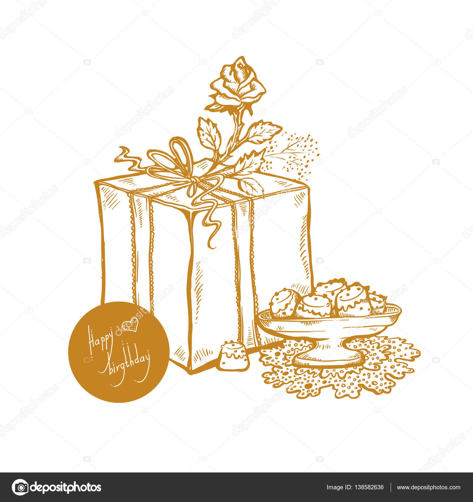 Happy Birthday Vector Golden Sketch Illustration Of Gift Box