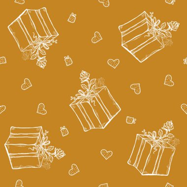 vektör doğum günü tebrik ve kalpleri ile seamless modeli. Hediye paketleri için altın arka plan. kutusu, şerit, gül