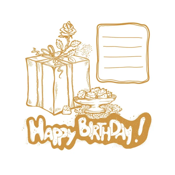 Joyeux anniversaire. Croquis vectoriel doré illustration de boîte cadeau, bouton de rose, vase avec des gâteaux. Endroit pour enregistrer les demandes — Image vectorielle