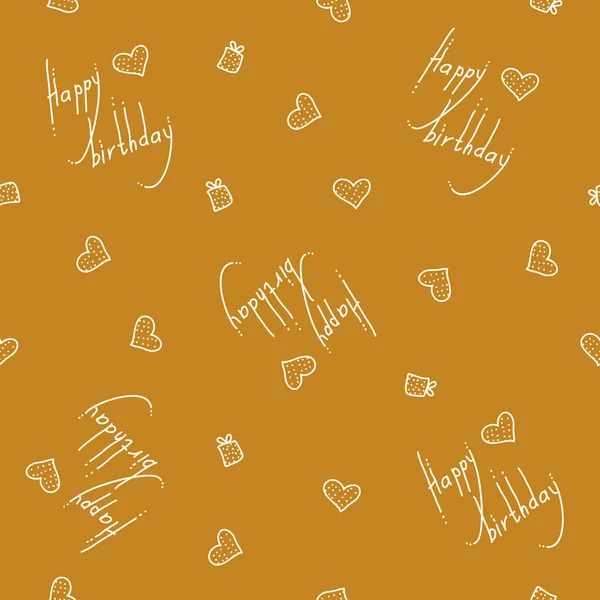 Vector seamless pattern with birthday greetings and hearts. Gold background for gift wrapping. — Stock Vector