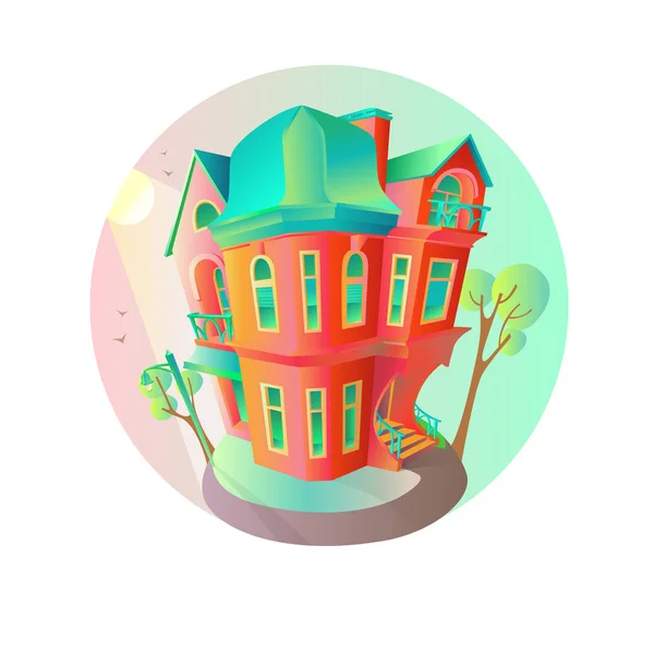 Bright vector house in the springtime. Cottage in a Victorian style. home with balcony, porch and shop, showcase, canopy. Round emblem — Stock Vector