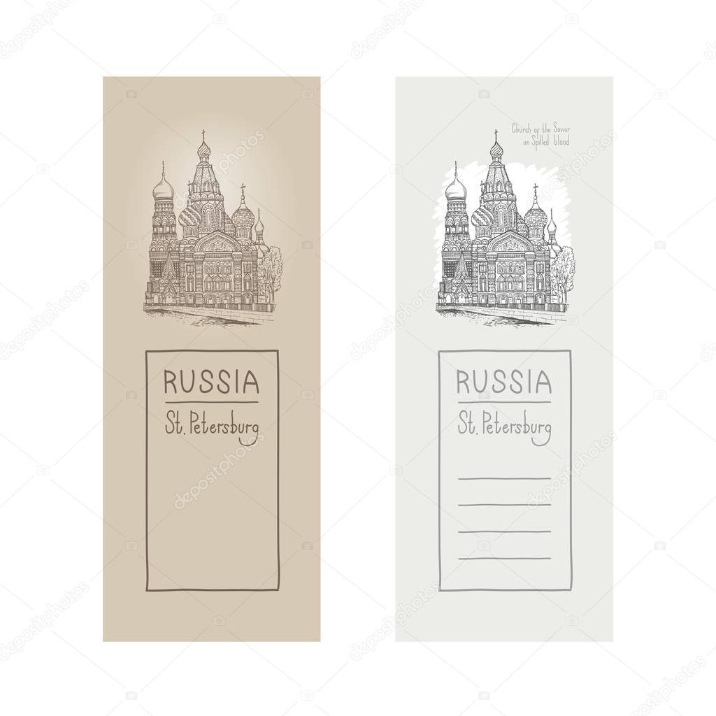 Vector sketch illustration of a design element postcards. Tourist showplace. Sobor Resurrection on Spilled Blood or Church Our Savior in Saint Petersburg, Griboyedov canal, Russia.