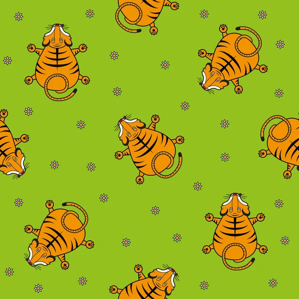 Modello vettoriale senza soluzione di continuità per i bambini. Tiger cub vista dall'alto e camomilla su sfondo verde . Vettoriale Stock