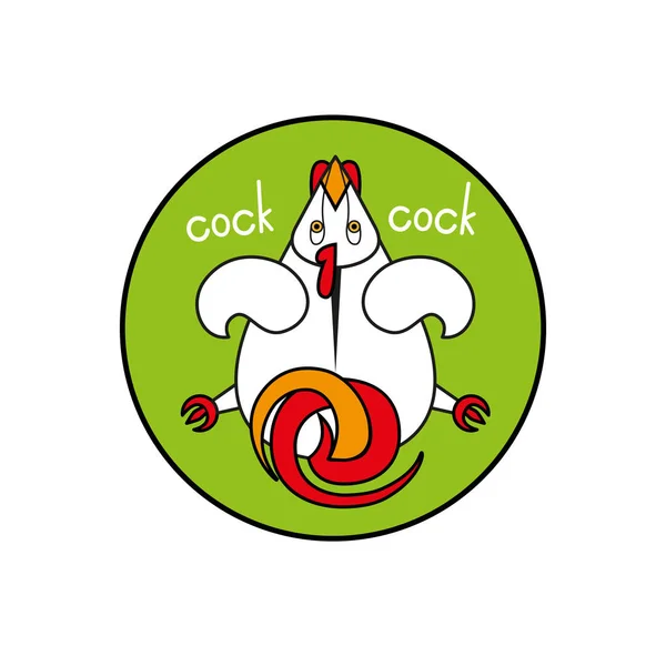 Fumetto vettore cazzo. gallo vista dall'alto. Inscritto in un cerchio come emblema sfondo verde — Vettoriale Stock