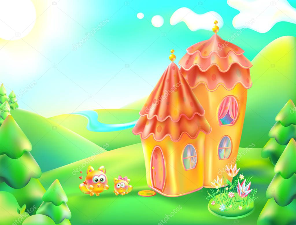 Vector illustration of colorful nature and home. Cartoon landscape and house of a sunny summer day. Children background a lodge, river, trees, sky, clouds, flowerbed with flowers. Mum cat and kitten.