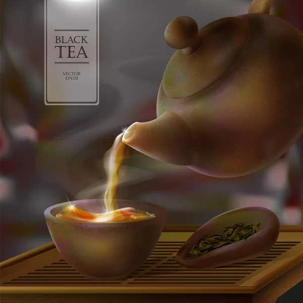 Vector 3d ilustración de una ceremonia del té. De la tetera llena de taza caliente de bebida sabrosa. Tetera, tazón y hojas de té negro — Archivo Imágenes Vectoriales