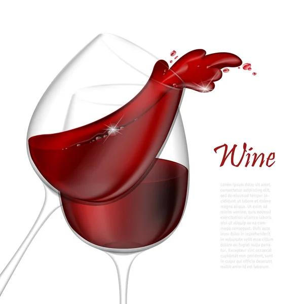 3d realistic vector illustration. Transparent isolated wineglass with red wine. Red wine pouring out of a glass splash — Stock Vector