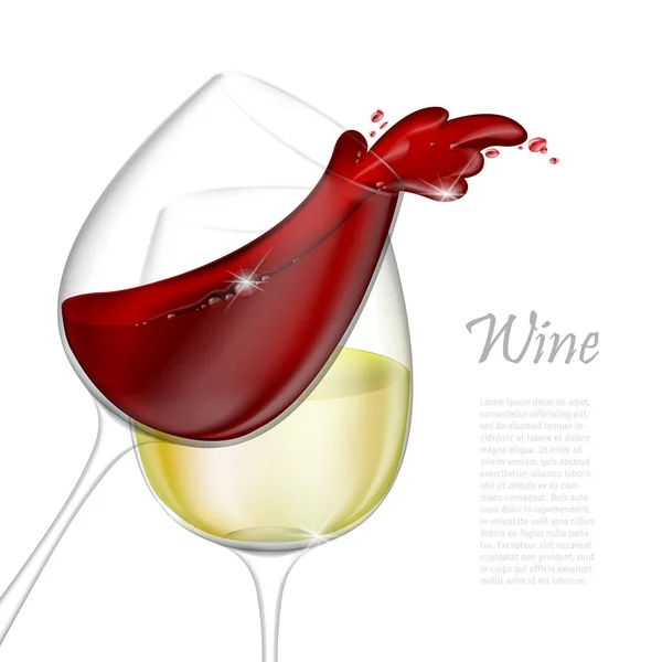 Illustrazione vettoriale realistica 3d. Bicchiere da vino isolato trasparente con vino rosso e bianco. Vino rosso che fuoriesce da una spruzzata di vetro Illustrazione Stock