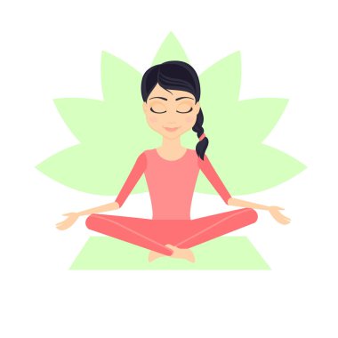 Sporcumuz karakter. Çizgi film vektör düz çizim. Kız sağlıklı spor yaşam tarzı olur. Yoga. Lotus poz yogi derin derin düşünür