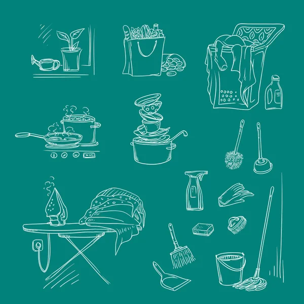 Vector establece ilustración de bocetos sobre un fondo oscuro de objetos y situaciones domésticas. Platos sin lavar y ropa de cama sin planchar, artículos y accesorios para limpiar, comprar alimentos y cocinar . — Vector de stock