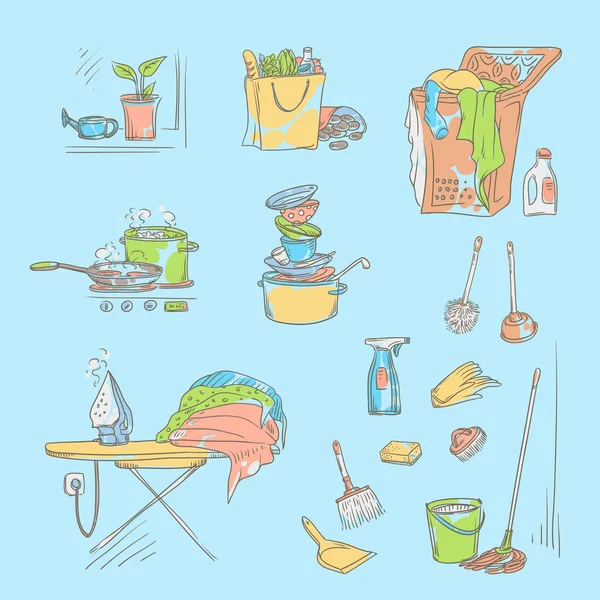 Vector establece ilustración de color de boceto sobre un fondo azul de objetos y situaciones de trabajo doméstico. Platos sin lavar y ropa de cama sin planchar, artículos y accesorios para limpiar, comprar alimentos y cocinar . — Vector de stock
