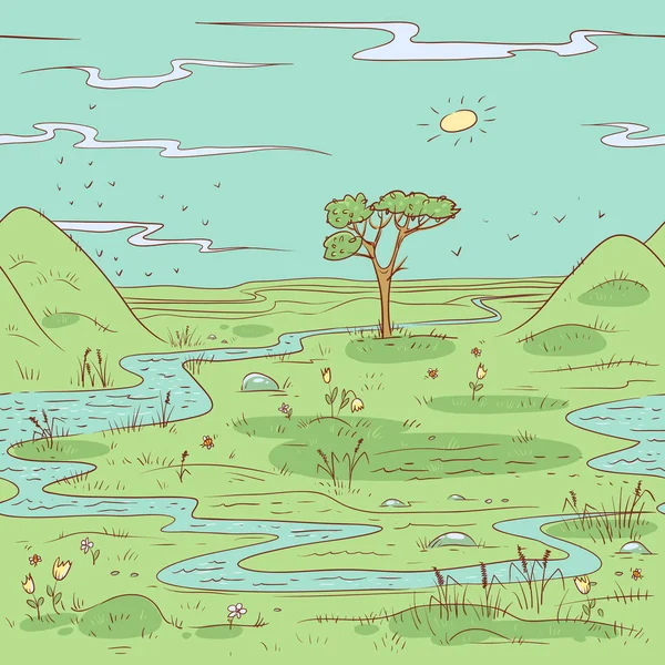 Безшовний векторний ескіз літнього пейзажу. Фонова панорама природної місцевості . — стоковий вектор
