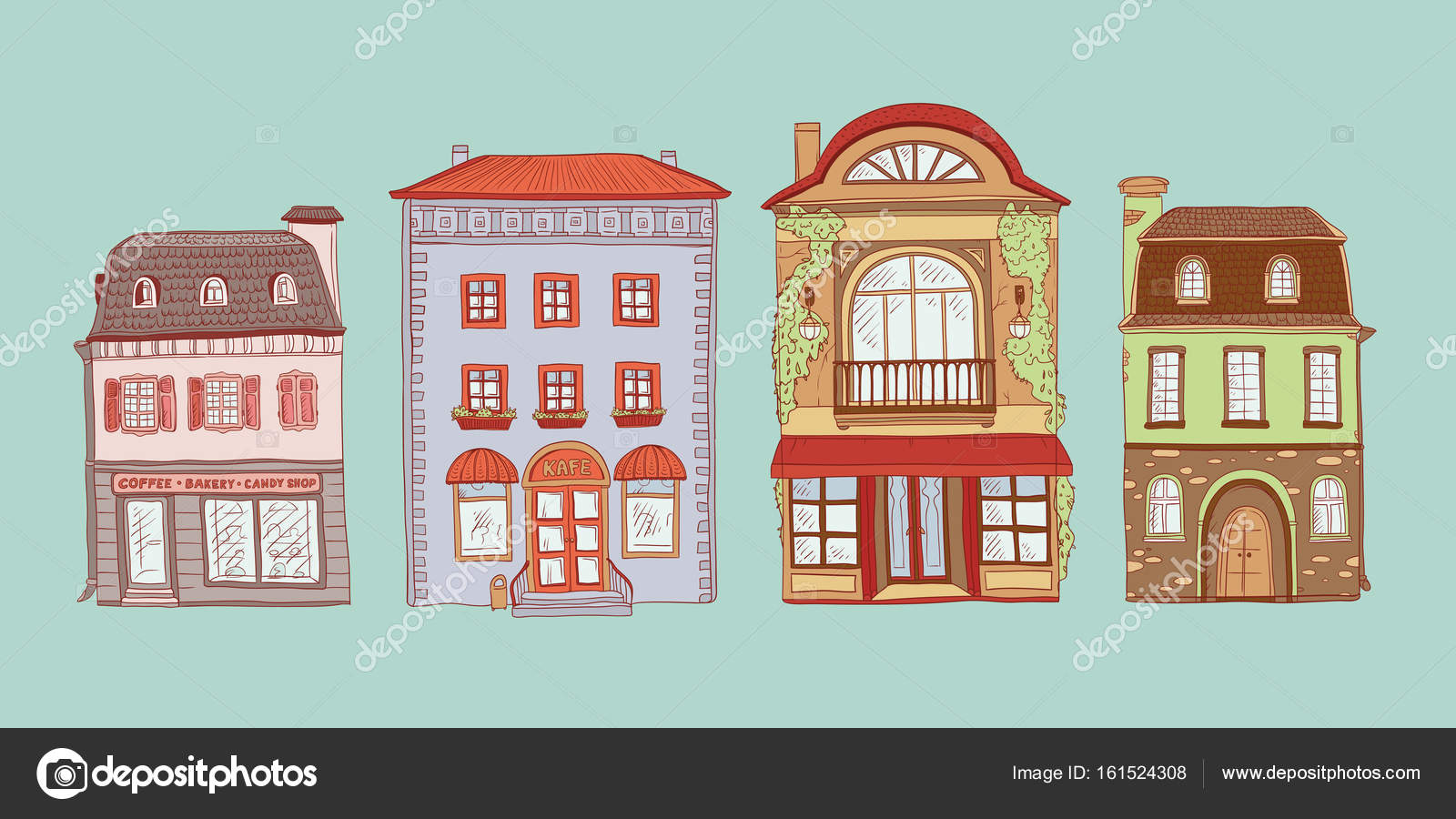 Insieme colorato di vettore dell illustrazione di contorno schizzo delle case europee dell annata Kit negozi e caffetterie dei vecchi edifici della citt 