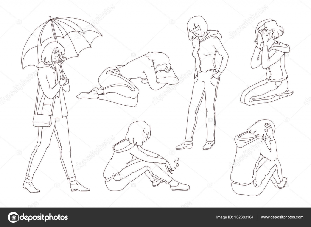 Sad Girl With Umbrella Drawing Vector Isolated Set Sketch