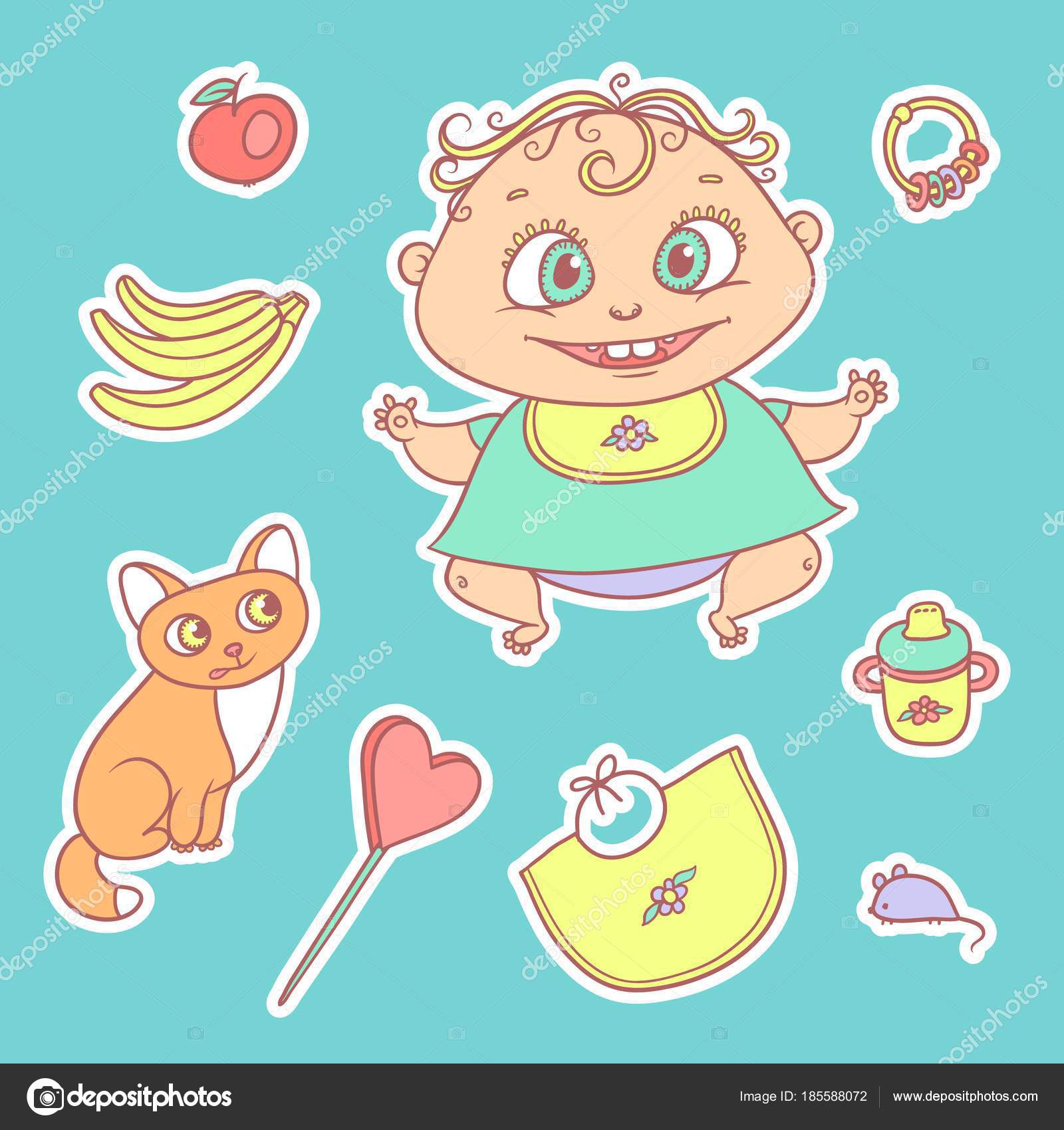 Insieme di vettore di colore disegnare illustrazioni adesivi bambino gioioso e gattino Biberon con acqua o latte altri prodotti alimentari