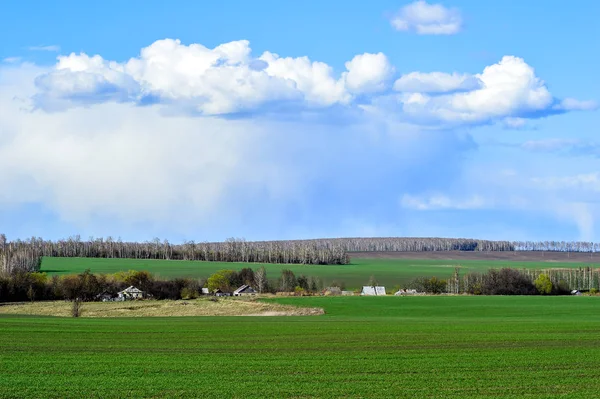 Landsbygdens landskap med ett grönt fält, moln och gård — Stockfoto