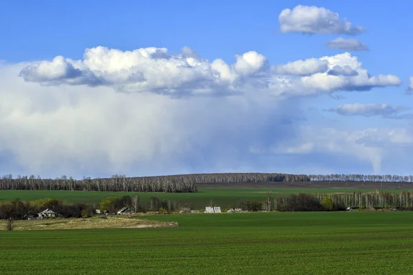 Rural landscape with a green field, clouds and farm — Stock Photo, Image