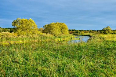 Renkli sonbahar yatay, bir nehir ve bulutlar