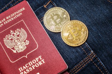 Passport in jeans and bitcoins, the concept of modern puies clipart
