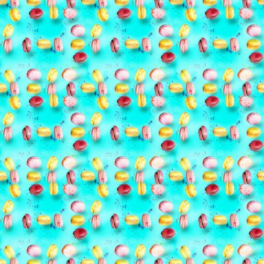 Uçan renkli badem kurabiyeleriyle soyut, kusursuz desen, tatil konsepti..