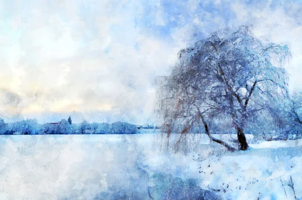 Paysage hivernal avec un lac et un arbre dans le gel. Stylisation en dessin à l'aquarelle . — Photo