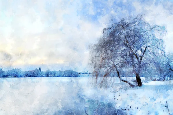 Winterlandschaft mit einem See und einem Baum im Frost. Stilisierung in Aquarellzeichnung. Stockbild