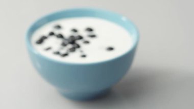 Taze sağlıklı yiyecekler. Dolly, böğürtlenli, yoğurtlu ve kremalı olsun. Kremalı taze meyveler. Organik böğürtlen, temiz yemek, vegan gıda konsepti. Yavaş çekim.