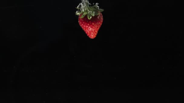 Comida Fresca Saludable Fresa Roja Cayendo Agua Sobre Fondo Negro — Vídeos de Stock