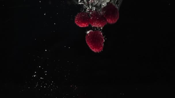 新鲜健康的食物 红色的覆盆子在黑色的背景上掉进水里 新鲜水果洒在水族馆里 有机浆果 干净的饮食 素食概念 慢动作 — 图库视频影像