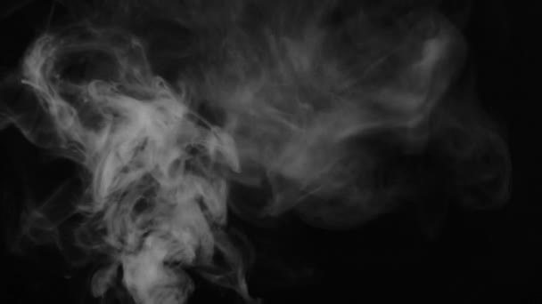 現実的な抽象的な煙蒸気の効果の下から上に 黒を背景にスローモーションで白い煙 宇宙空間を流れる黒い背景に浮かぶ霧の雲 — ストック動画