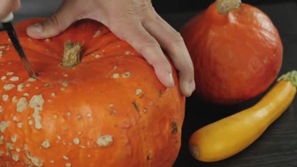Příprava Výrobu Jack Lucerny Halloweenský Den Ruce Začnou Otáčet Krájet — Stock video