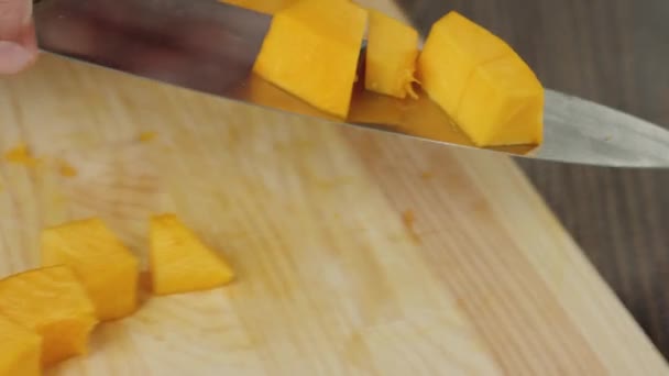 Creamy Pumpkin Soup Cooking Healthy Food Chef Puts Slices Pumpkin — Stock Video
