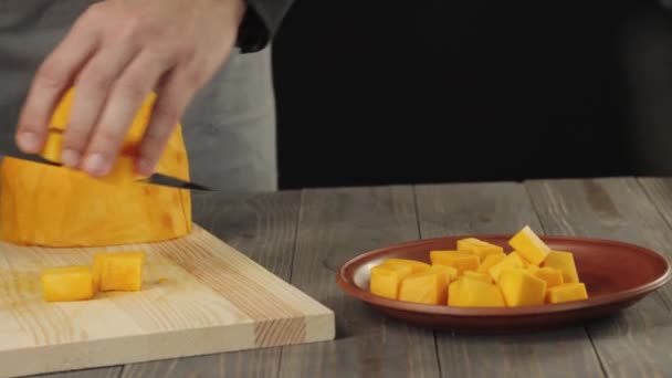 Creamy Pumpkin Soup Cooking Healthy Food Chef Puts Slices Pumpkin — Stock Video