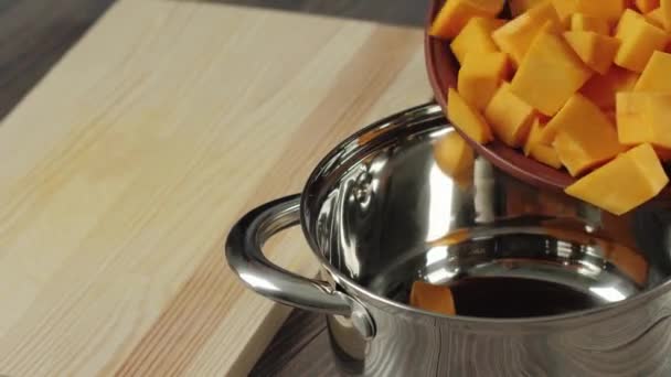 Creamy Pumpkin Soup Cooking Healthy Food Chef Puts Small Pieces — Stock Video