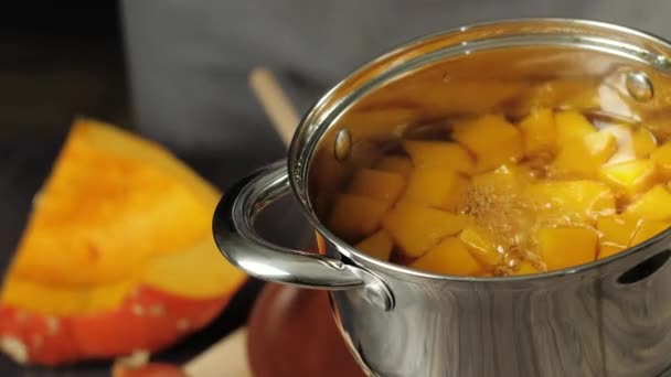 クリーミーなカボチャのスープ料理 牛の塩鍋で調理されているカボチャの小片 閉めろ4K — ストック動画