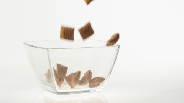 Frische Gesunde Lebensmittel Müslischokolade Fällt Eine Durchsichtige Quadratische Schüssel Auf — Stockvideo