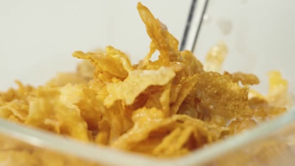 新鲜健康的食物 勺子用白色背景的透明碗中的白牛奶抓取黄色玉米片 健康早餐 清洁饮食 素食的概念 靠近点 — 图库视频影像