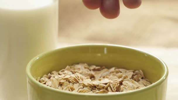 032Frische Gesunde Lebensmittel Hand Gießt Preiselbeeren Auf Das Gelbe Hafergetreide — Stockvideo