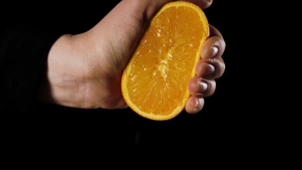 Follow Shot Girls Hand Squeezes Fresh Orange Juice Spray Pours — Stock Video