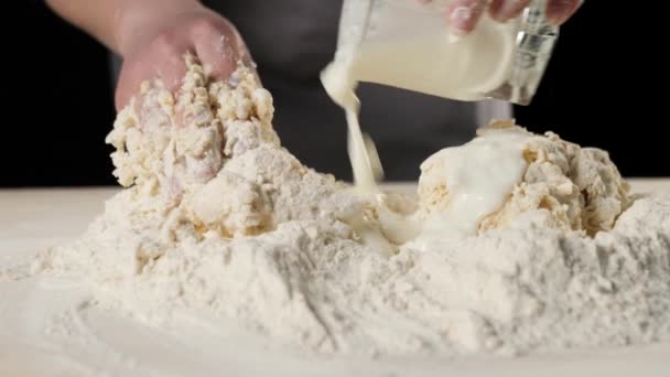 Professional Baker Pours Buttermilk Glass Mix Flour Egg Deepening Heap — Stock Video