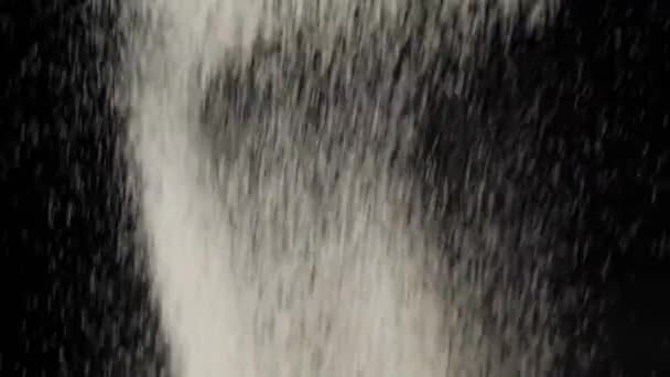 La farine vole et tombe sur fond noir. Poudre blanche et particules blanches tombantes volent sur le fond. Concept de pétrissage de pâte et de cuisson de délicieuses pizzas. Mouvement lent 