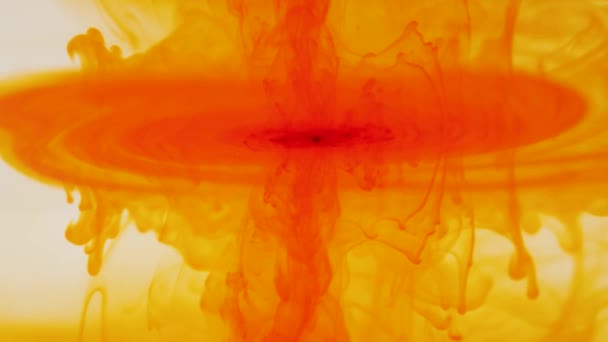 Narancssárga Részecskék Emelkednek Fel Fehér Háttérben Festékpigmentek Összekeverednek Vízben Lassítva — Stock videók