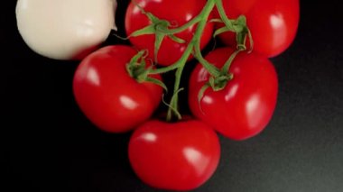 Modern Caprese salatası. Bir dalda taze sulu kırmızı domatesler, mozzarella peyniri, roka yaprakları, zeytinyağı ve siyah arkaplanda deniz tuzu. Kamera tahtaya doğru hareket ediyor. Üst Manzara. Kapat.