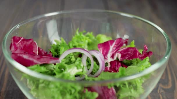 Summer Salad Sliced Purple Onion Falls Glass Bowl Green Maroon — Stock Video