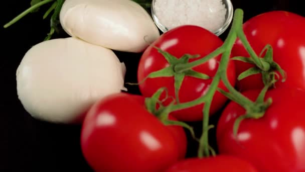 Modern Caprese Salad Fresh Juicy Red Tomatoes Branch Mozzarella Cheese — Stock Video