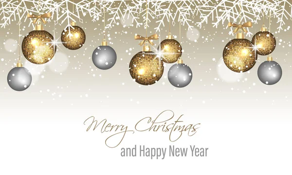 Buon Natale e felice anno nuovo banner con fiocchi di neve, neve, cerchi sfocati, oro e argento bauble appeso . — Vettoriale Stock