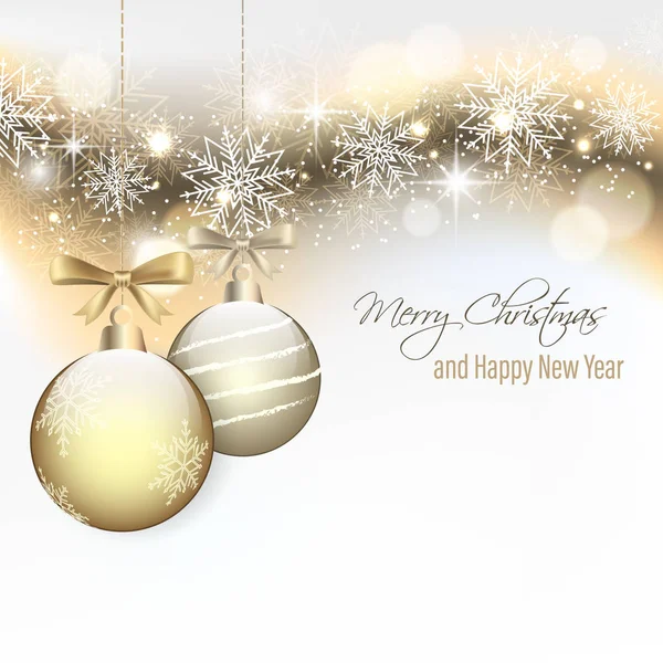 Cartão de Natal com bugigangas penduradas e flocos de neve. Feliz Ano Novo . — Vetor de Stock