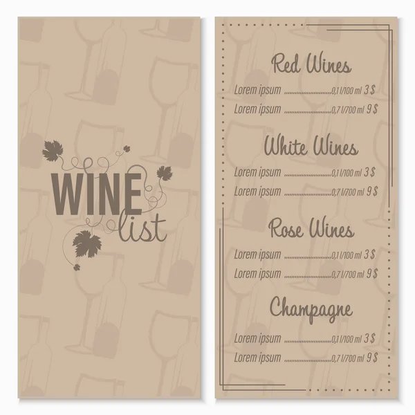 Vinný lístek menu karta šablony návrhu s brýlemi a láhev vína v pozadí. — Stockový vektor